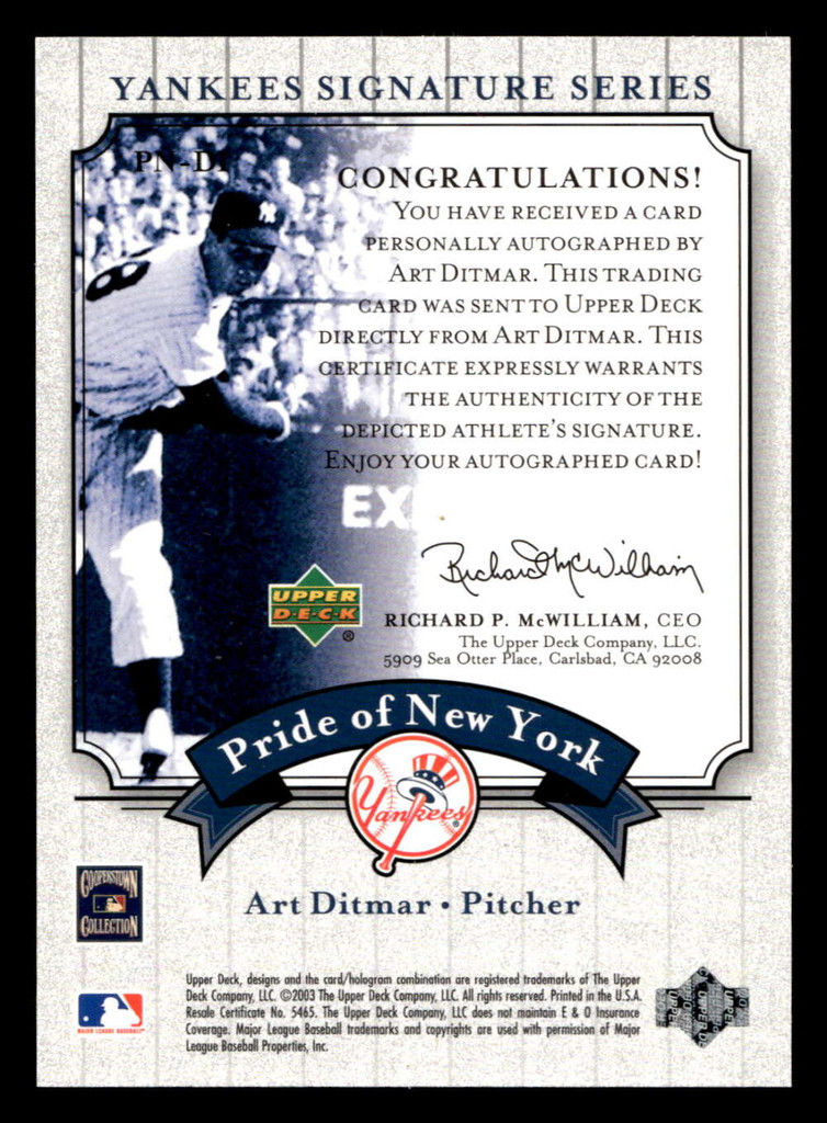 2003 UD Yankees Signature Pride of New York Auto DI Art Ditmar NM
