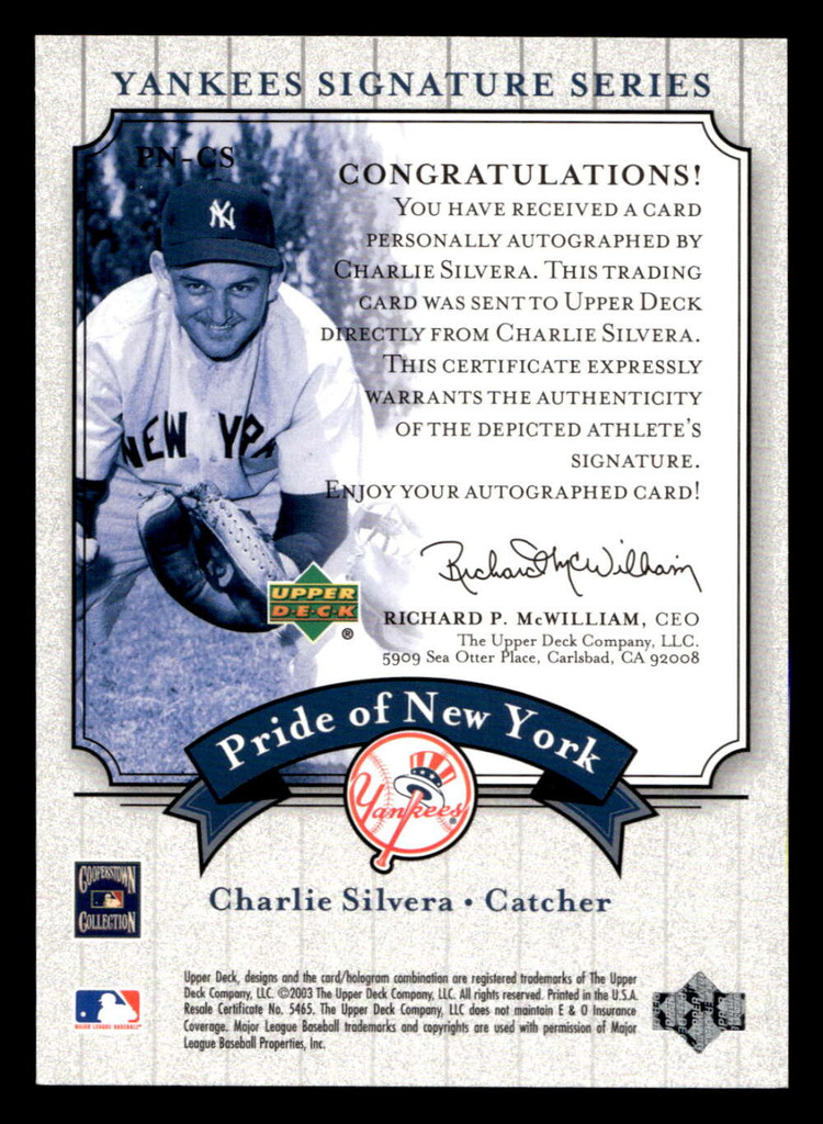 2003 UD Yankees Signature Pride of New York Auto CS Charlie Silvera NM ID: 468743