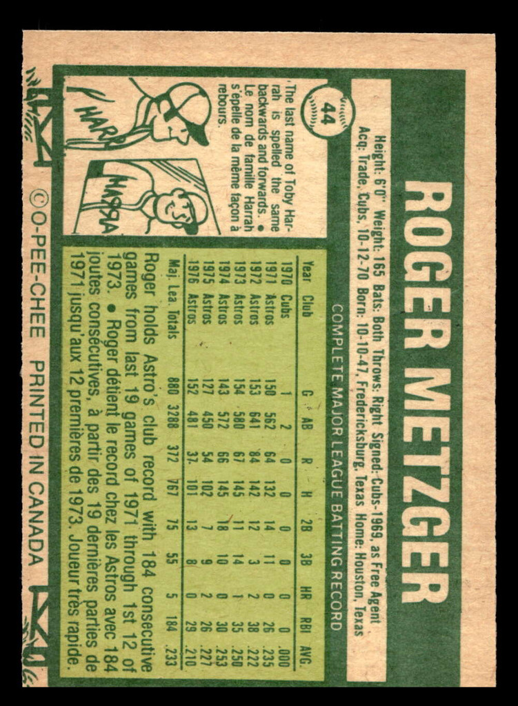 1977 O-Pee-Chee #44 Roger Metzger Near Mint+ OPC 