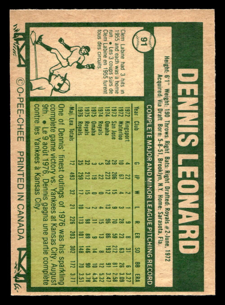 1977 O-Pee-Chee #91 Dennis Leonard Near Mint OPC 