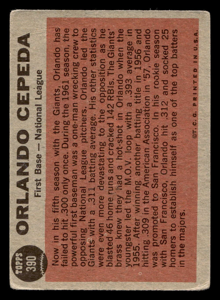 1962 Topps #390 Orlando Cepeda AS G-VG  ID: 470789