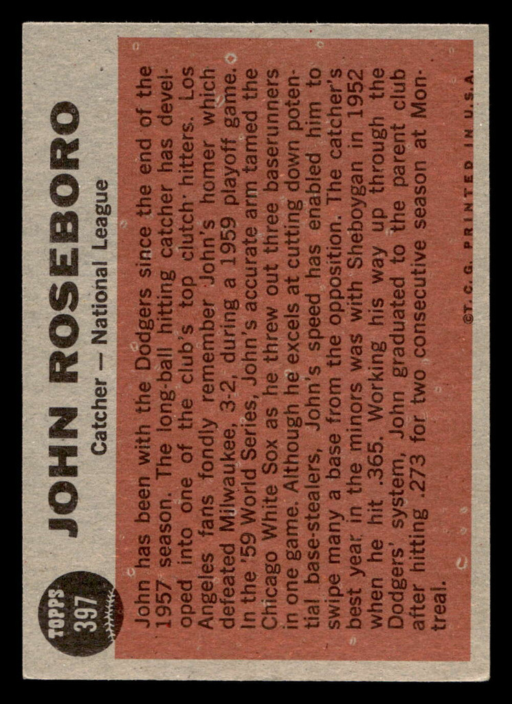 1962 Topps #397 John Roseboro AS Excellent+  ID: 470798