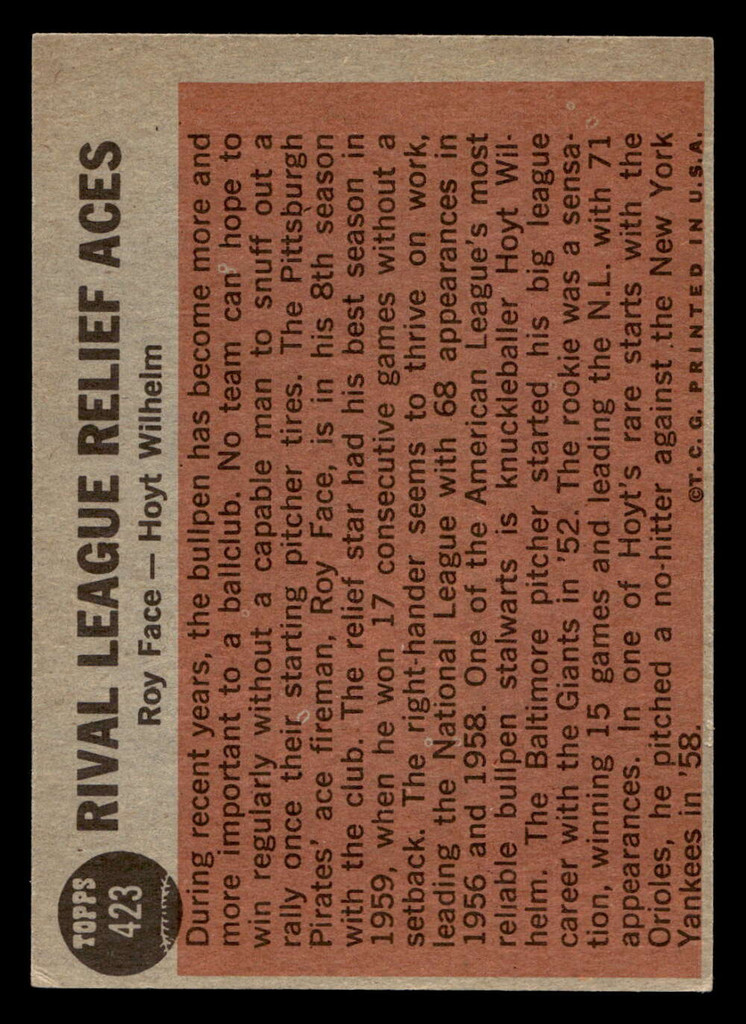 1962 Topps #423 Roy Face/Hoyt Wilhelm Rival League Relief Aces UER Excellent+  ID: 470867