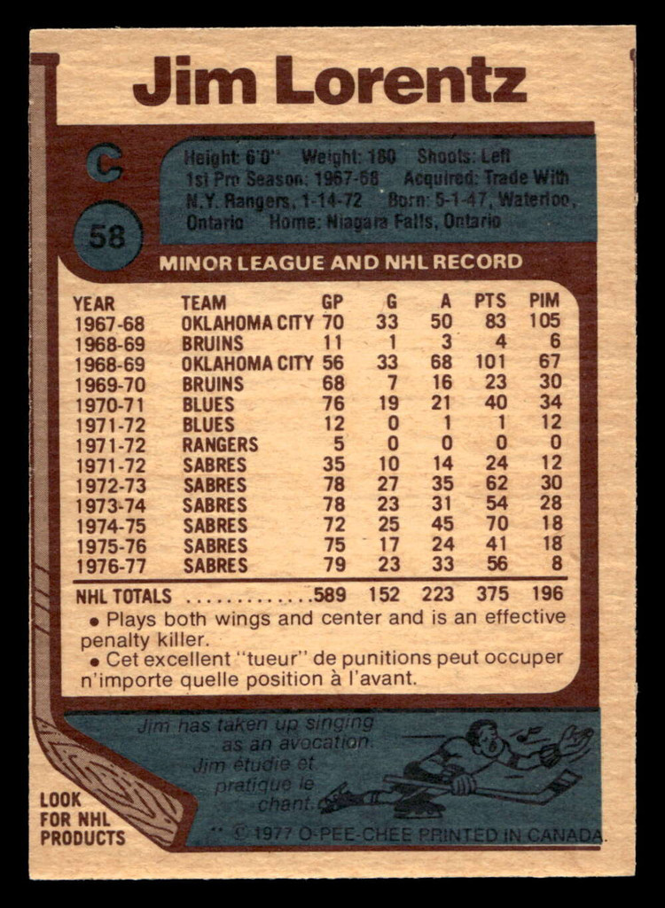 1977-78 O-Pee-Chee #58 Jim Lorentz Near Mint OPC 