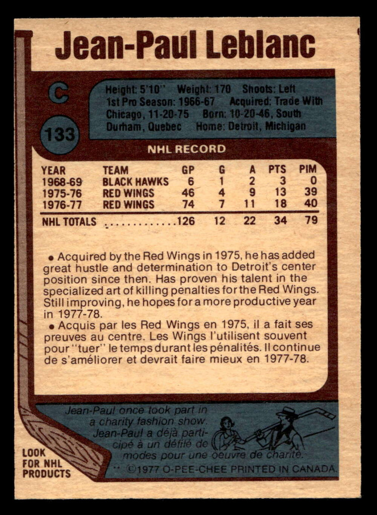 1977-78 O-Pee-Chee #133 Jean-Paul LeBlanc Near Mint+ OPC 