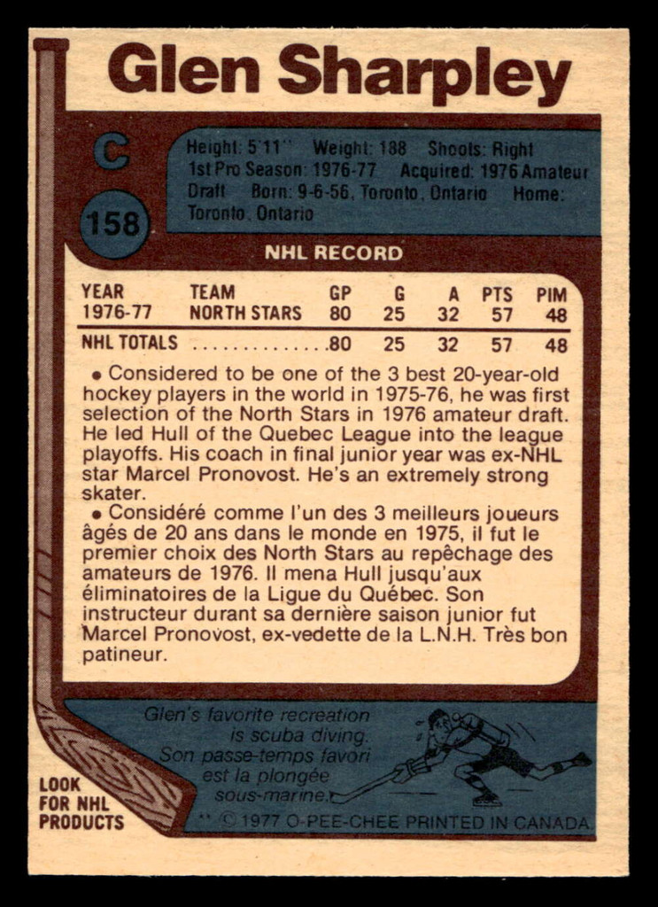 1977-78 O-Pee-Chee #158 Glen Sharpley Near Mint+ RC Rookie OPC 