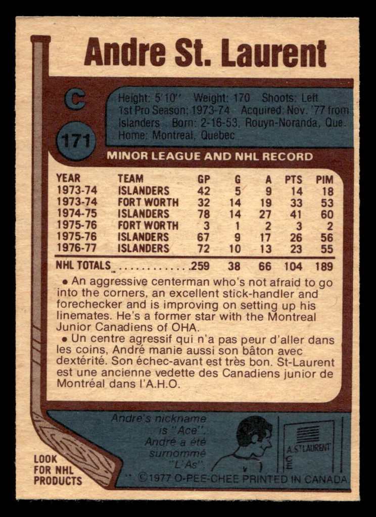 1977-78 O-Pee-Chee #171 Andre St. Laurent Near Mint OPC 