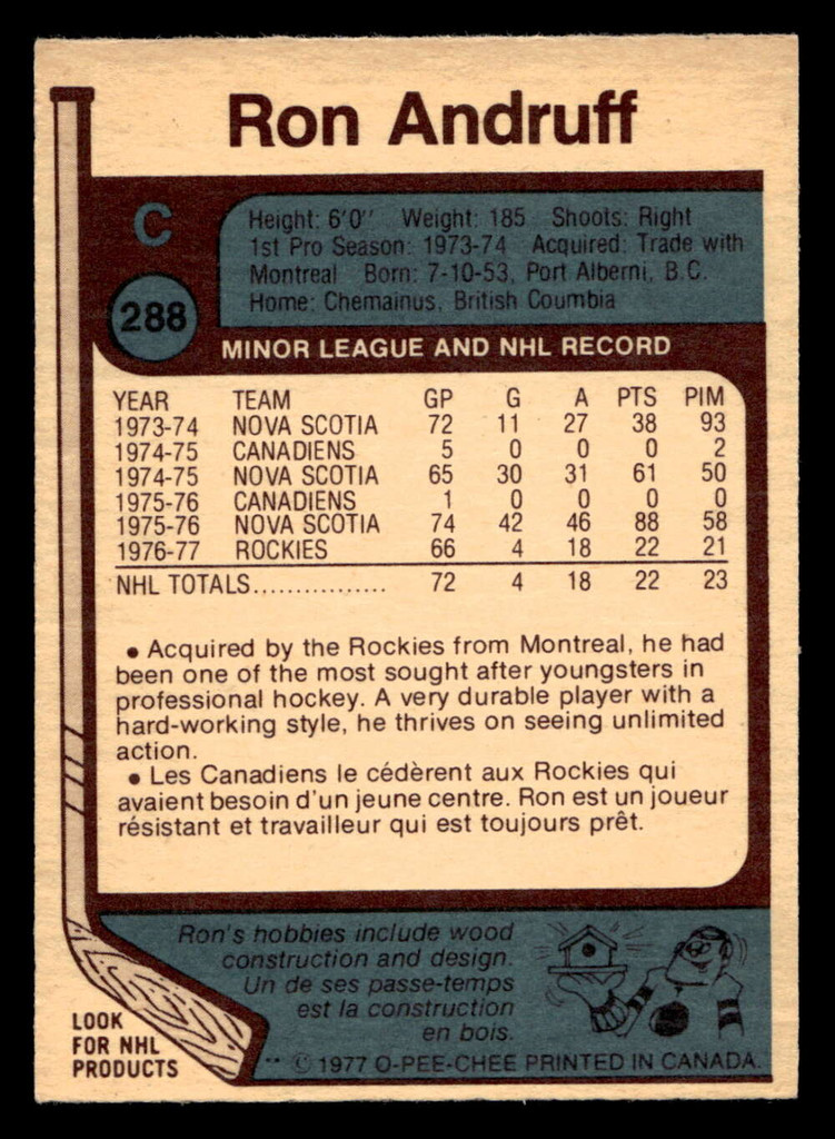 1977-78 O-Pee-Chee #288 Ron Andruff Near Mint RC Rookie OPC 