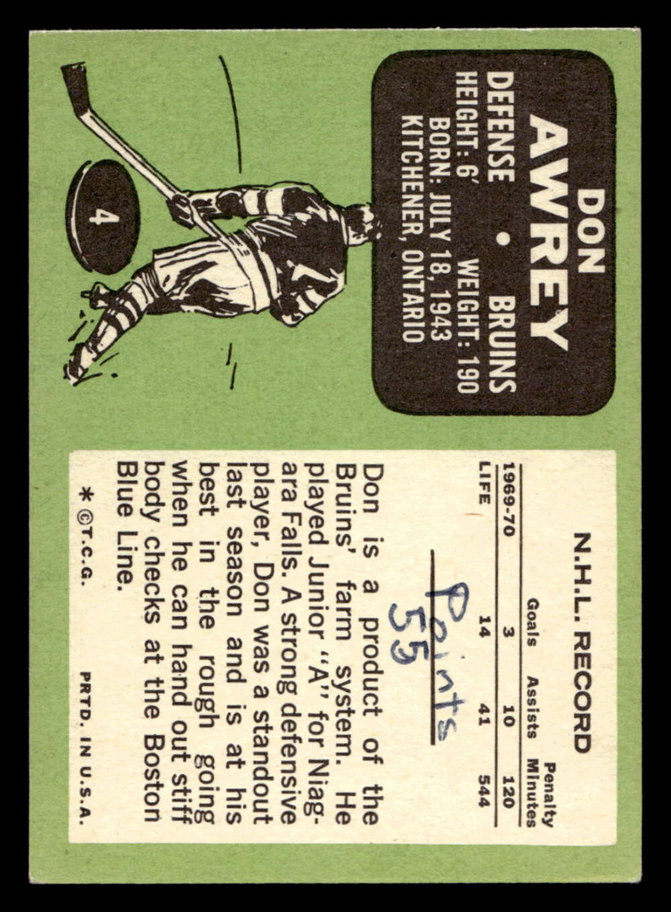 1970-71 Topps #4 Don Awrey Excellent+ Writing On Back 