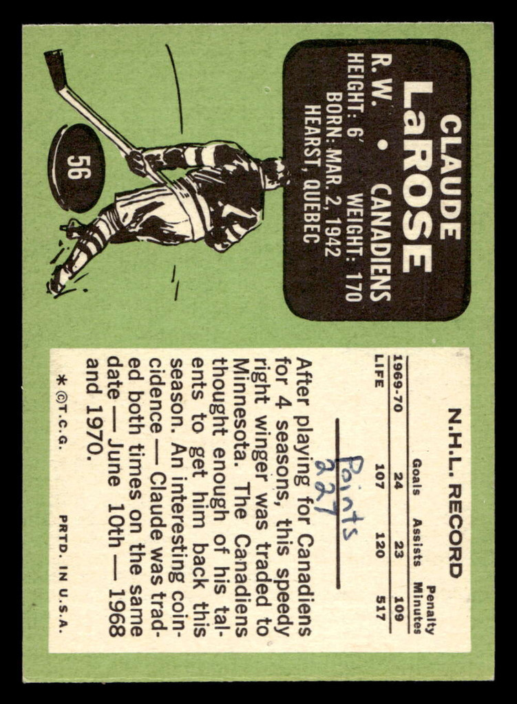 1970-71 Topps #56 Claude Larose Excellent+ Writing On Back 