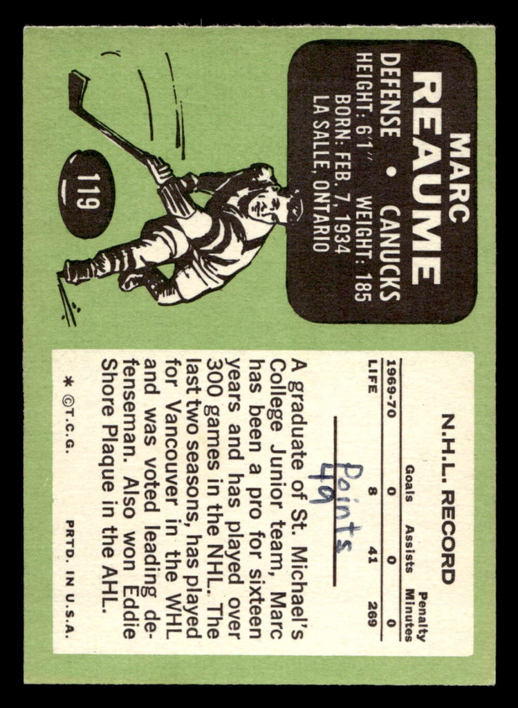 1970-71 Topps #119 Marc Reaume Excellent+ Writing On Back 