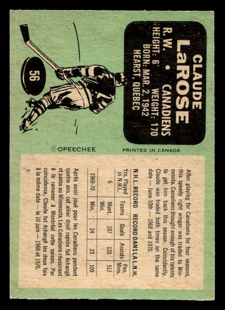 1970-71 O-Pee-Chee #56 Claude Larose Very Good OPC 