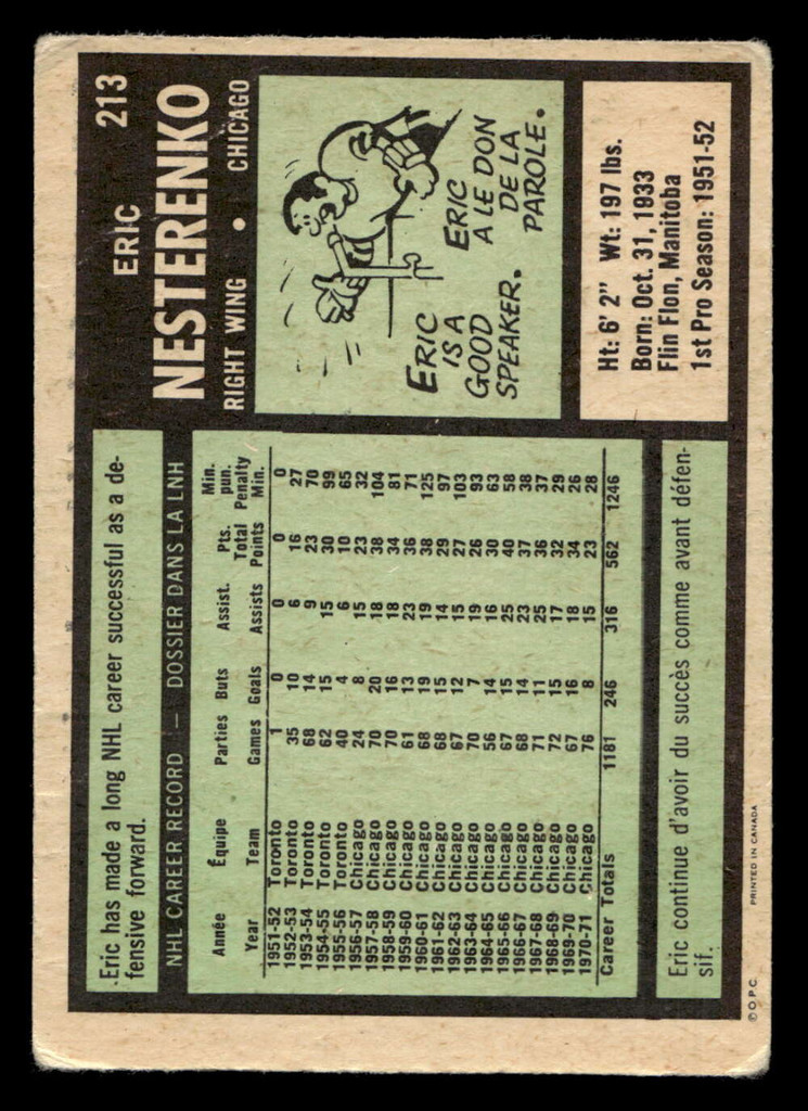 1971-72 O-Pee-Chee #213 Eric Nesterenko G-VG 