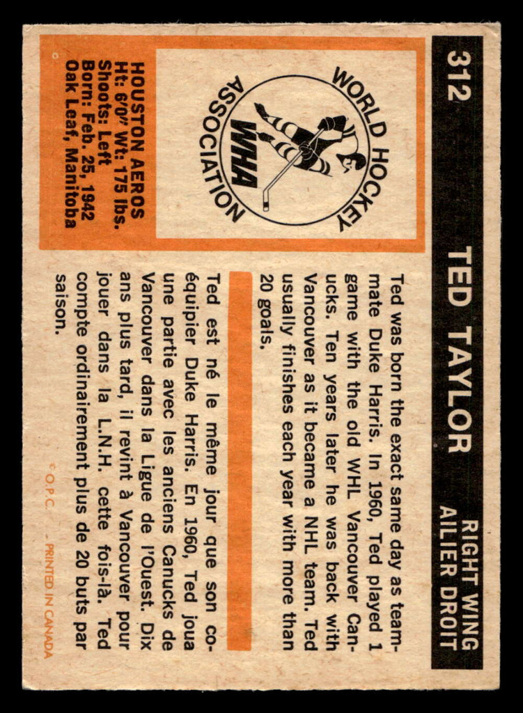 1972-73 O-Pee-Chee #312 Ted Taylor Ex-Mint OPC 