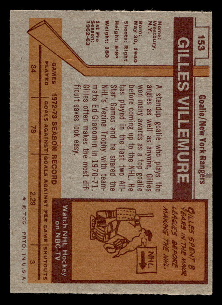1973-74 Topps #153 Gilles Villemure Ex-Mint  ID: 475020