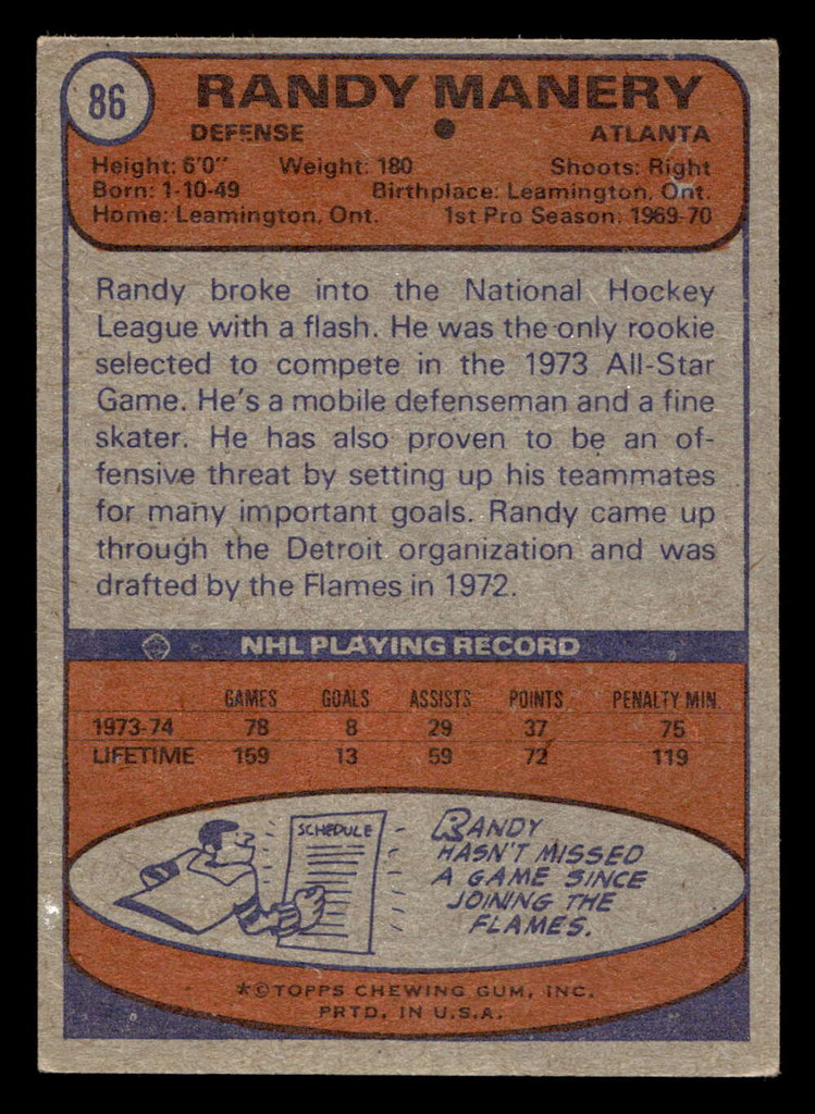 1974-75 Topps #86 Randy Manery Excellent+ 