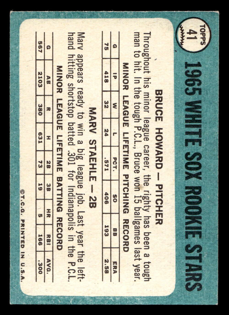 1965 Topps #41 Bruce Howard/Marv Staehle White Sox Rookies Ex-Mint RC Rookie SET BREAK 