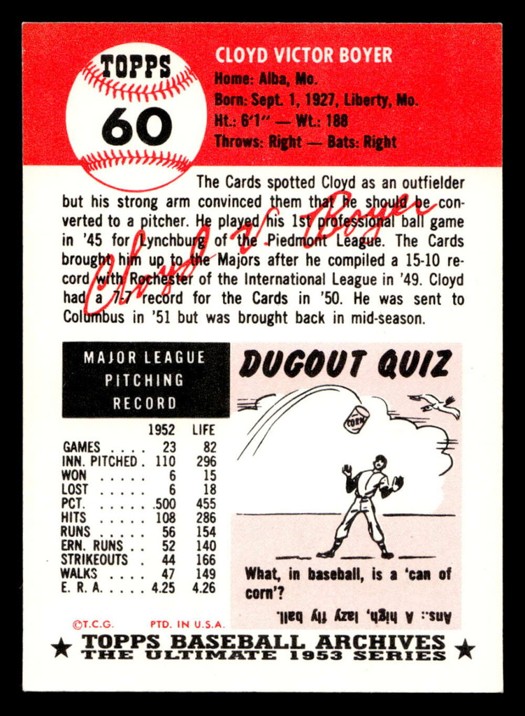 1991 Topps Archives 1953 #60 Cloyd Boyer Ex-Mint Auto Signed  ID: 475929