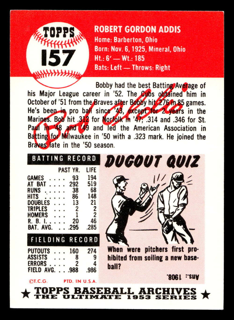 1991 Topps Archives 1953 #157 Bob Addis Ex-Mint Auto Signed  ID: 475956