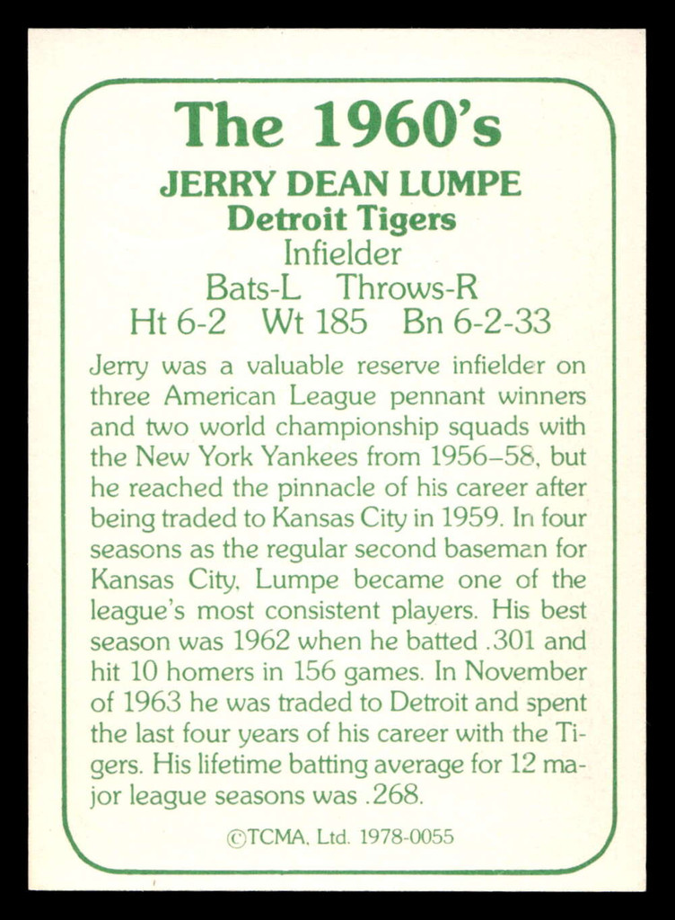 1978 TCMA The 1960's I #55 Jerry Lumpe Near Mint Auto Signed 