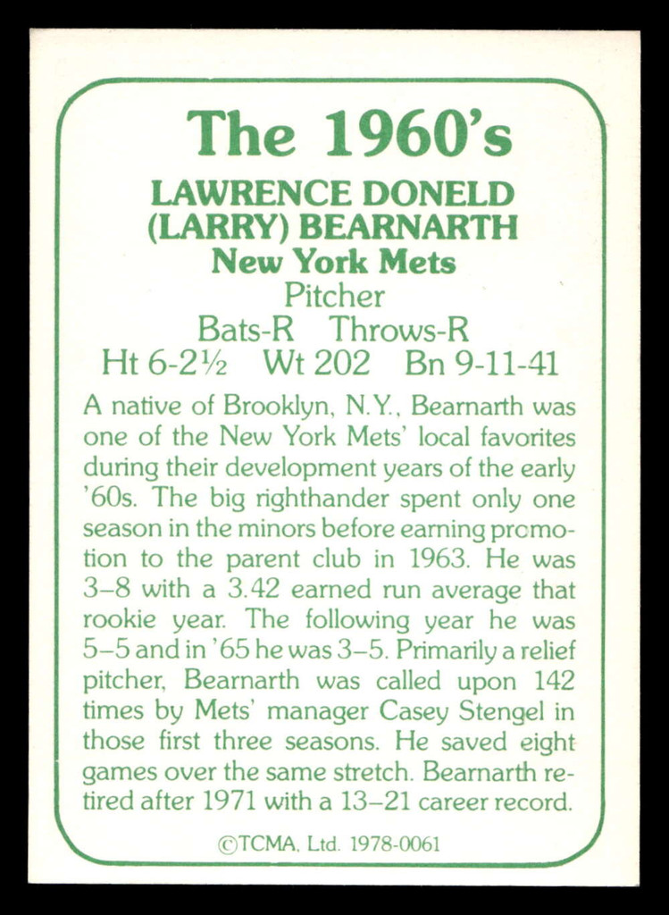 1978 TCMA The 1960's I #61 Larry Bearnarth Near Mint Auto Signed 