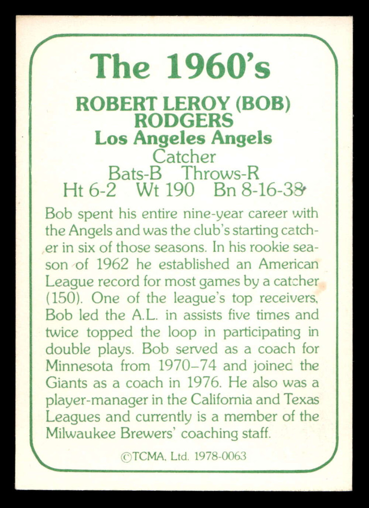 1978 TCMA The 1960's I #63 Bob Rodgers Near Mint Auto Signed 