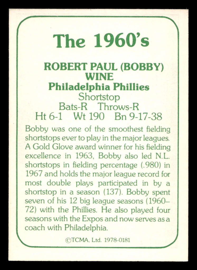 1978 TCMA The 1960's I #181 Bobby Wine Near Mint Auto Signed 