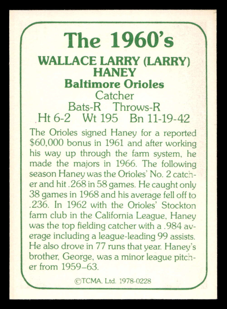 1978 TCMA The 1960's I #228 Larry Haney Near Mint Auto Signed 