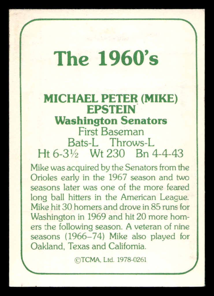 1978 TCMA The 1960's I #261 Mike Epstein Near Mint Auto Signed 