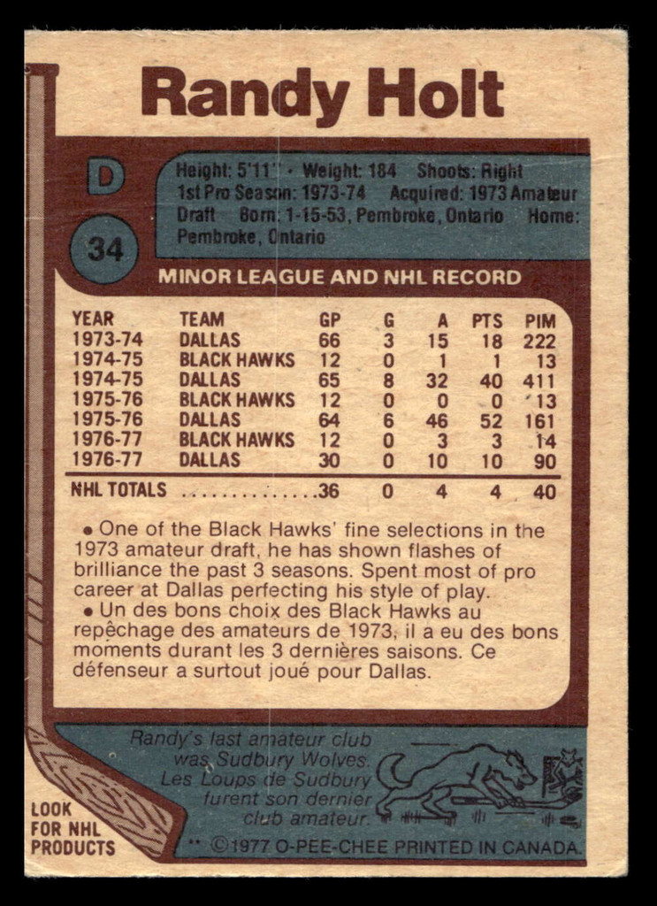 1977-78 O-Pee-Chee #34 Randy Holt Very Good RC Rookie 