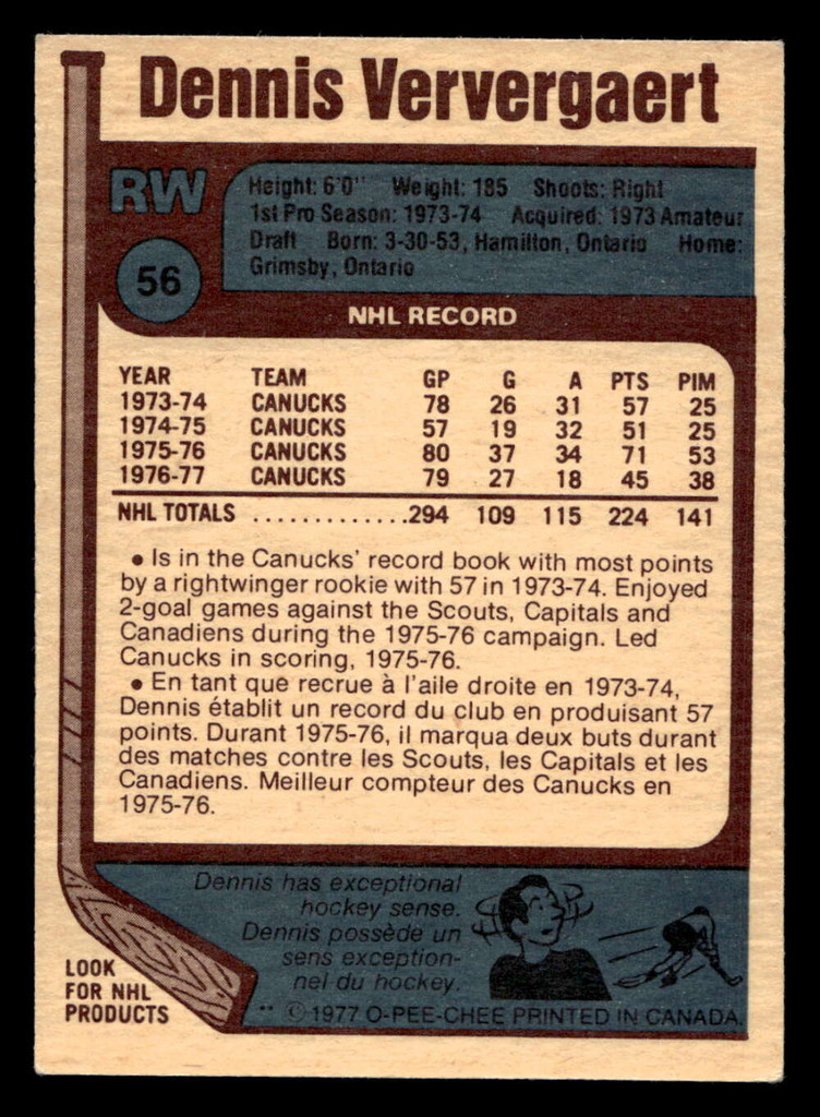 1977-78 O-Pee-Chee #56 Dennis Ververgaert Ex-Mint 