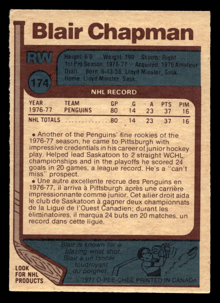 1977-78 O-Pee-Chee #174 Blair Chapman Very Good RC Rookie 