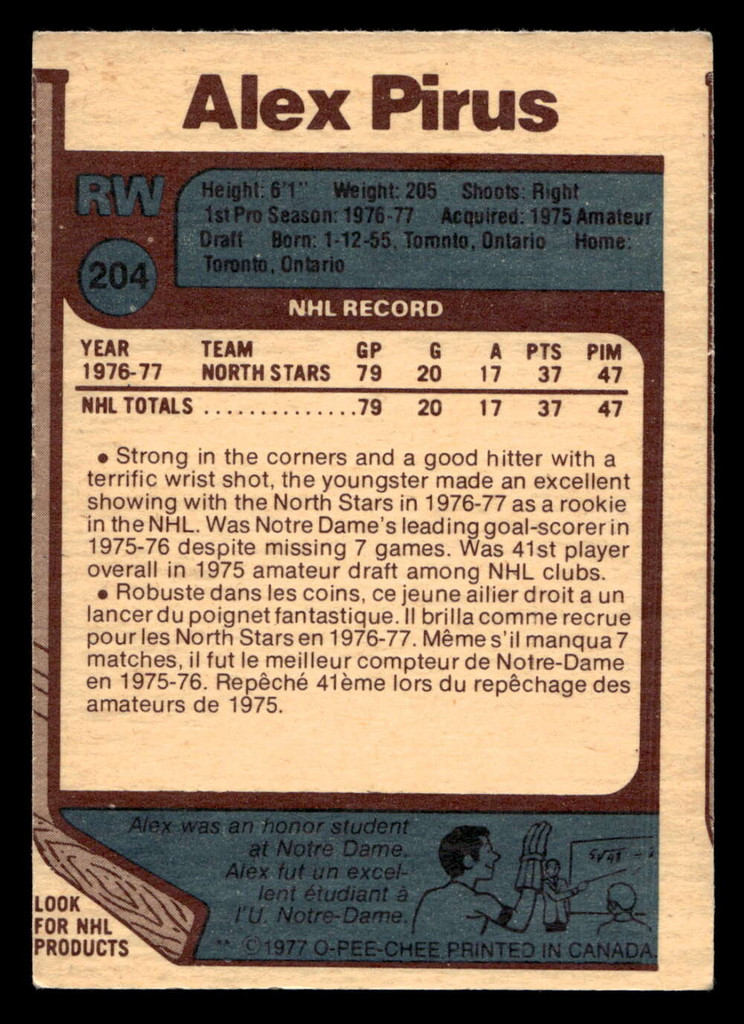 1977-78 O-Pee-Chee #204 Alex Pirus Ex-Mint RC Rookie 