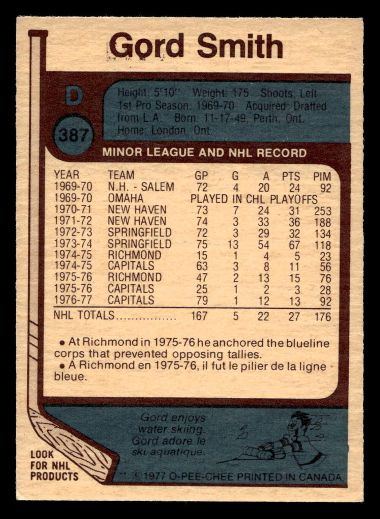 1977-78 O-Pee-Chee #387 Gord Smith Excellent+ OPC 