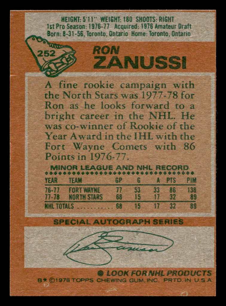 1978-79 Topps #252 Ron Zanussi Near Mint RC Rookie  ID: 477996
