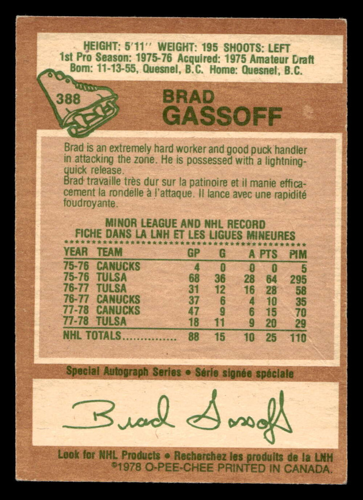 1978-79 O-Pee-Chee #388 Brad Gassoff Very Good RC Rookie OPC 