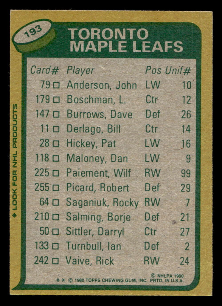 1980-81 Topps #193 Darryl Sittler TL Ex-Mint  ID: 480397