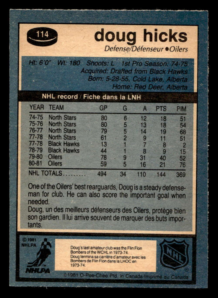 1981-82 O-Pee-Chee #114 Doug Hicks Near Mint+ OPC 