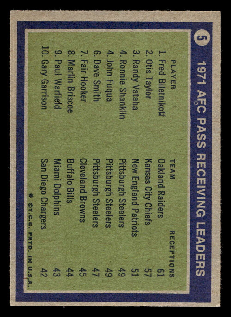 1972 Topps #5 Fred Biletnikoff/Otis Taylor/Randy Vataha 1971 AFC Receiving Leaders Near Mint  ID: 480857