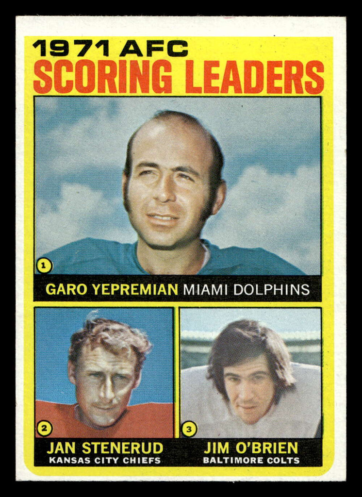 1972 Topps #7 Garo Yepremian/Jan Stenerud/Jim O'Brien 1971 AFC Scoring Leaders Near Mint  ID: 480866