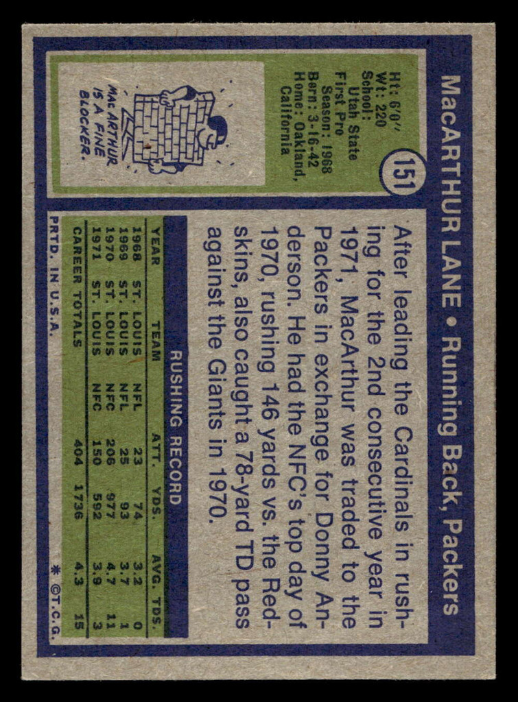 1972 Topps #151 MacArthur Lane Near Mint  ID: 481580
