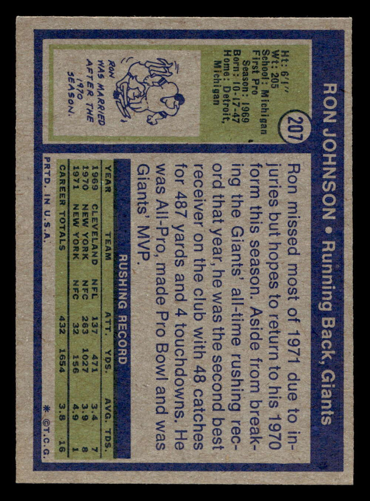 1972 Topps #207 Ron Johnson Ex-Mint  ID: 481855