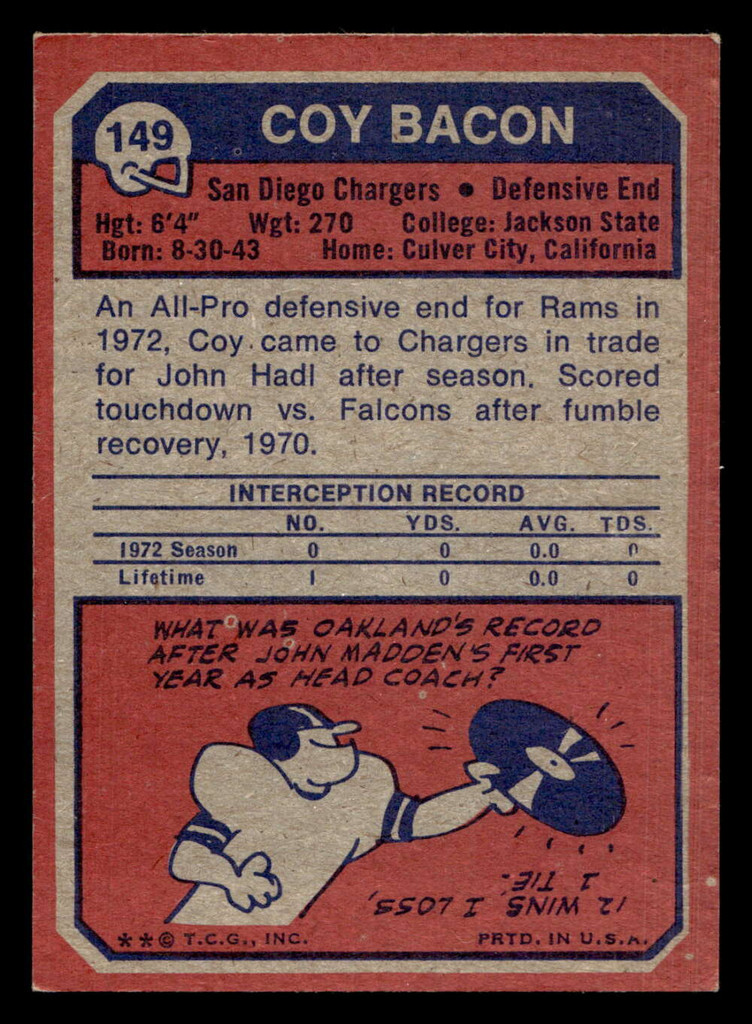 1973 Topps #149 Coy Bacon Ex-Mint RC Rookie  ID: 483042