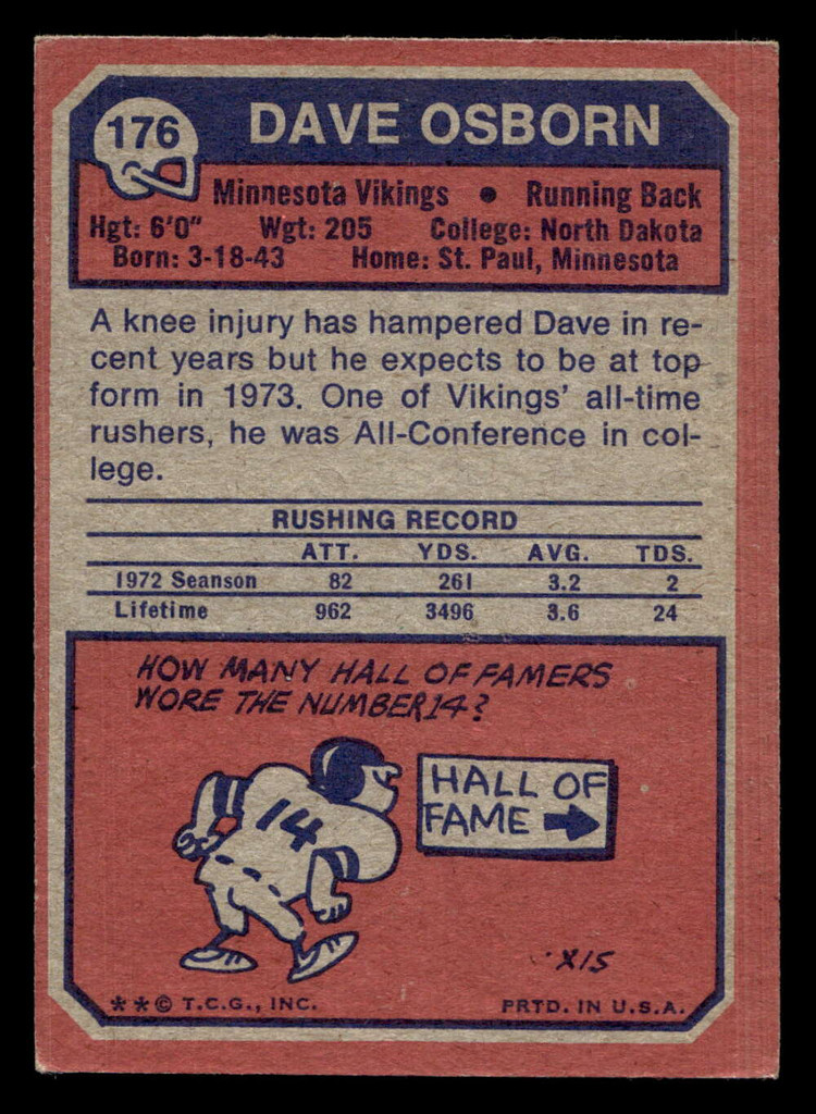 1973 Topps #176 Dave Osborn Excellent+ 