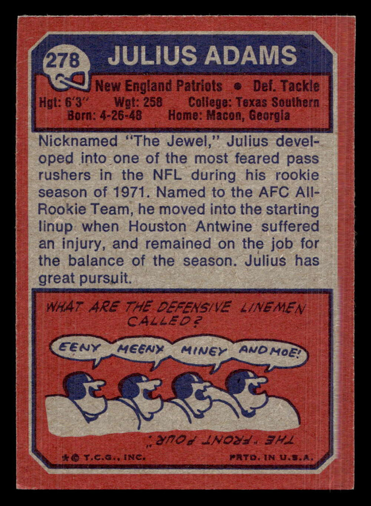 1973 Topps #278 Julius Adams Ex-Mint  ID: 483656