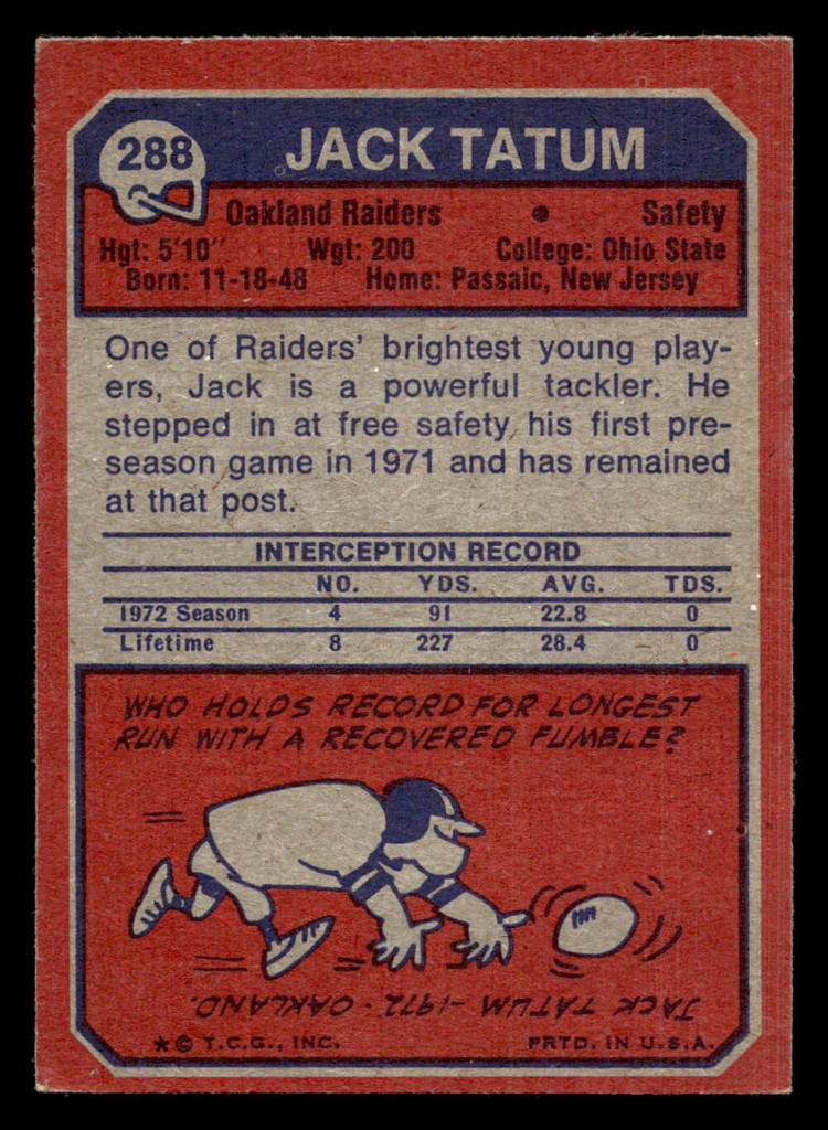 1973 Topps #288 Jack Tatum Excellent RC Rookie  ID: 483705
