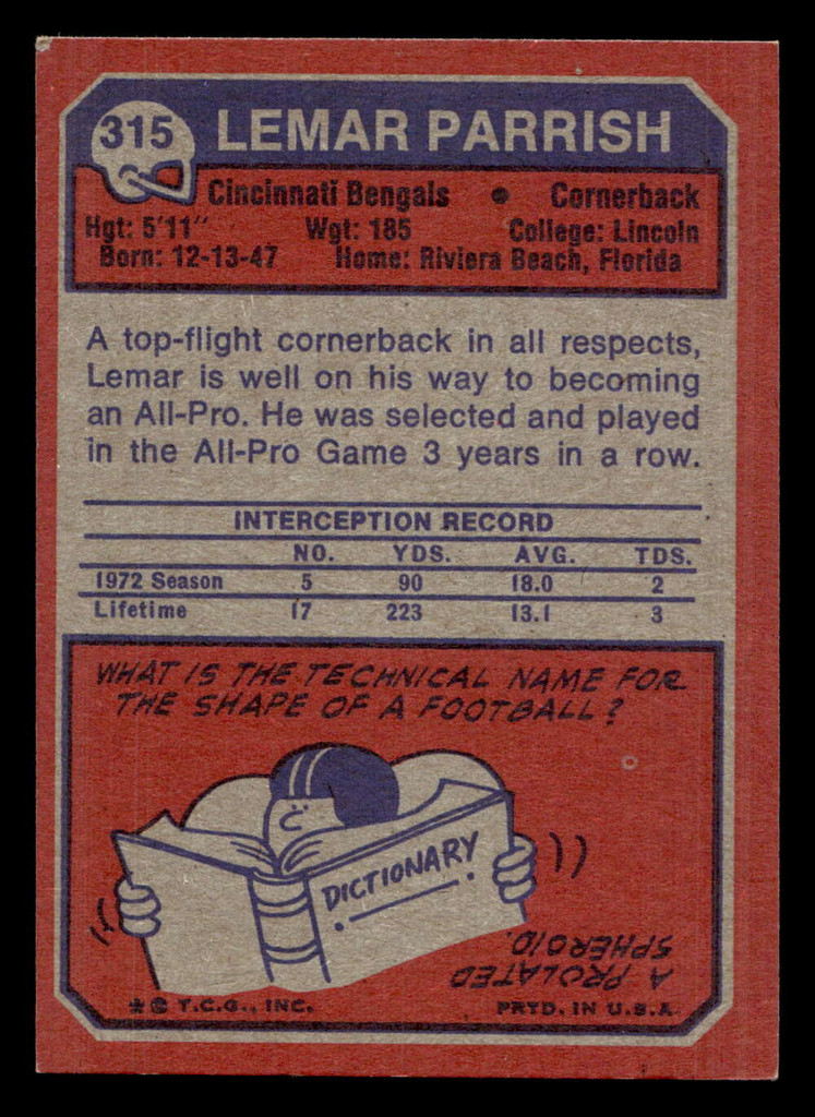 1973 Topps #315 Lemar Parrish Ex-Mint  ID: 483807