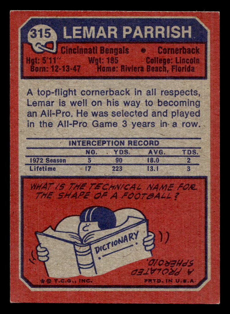 1973 Topps #315 Lemar Parrish Ex-Mint  ID: 483808