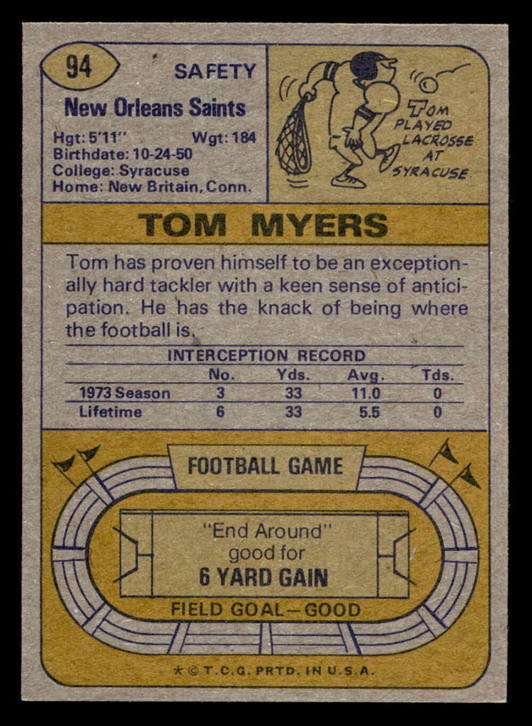 1974 Topps #94 Tom Myers Ex-Mint RC Rookie  ID: 485115