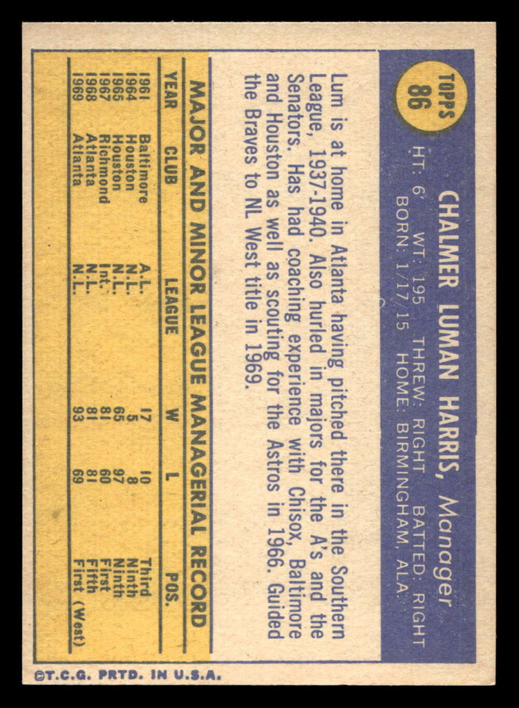 1970 Topps #86 Lum Harris Manager Ex-Mint  ID: 486812